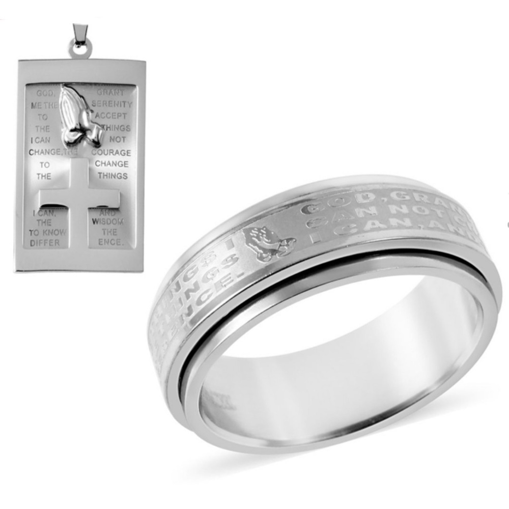 Stainless Steel Prayer Ring and Pendant Necklace
